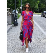 SC Fashion V Neck Short Sleeve Print Split Maxi Dress GOFY-DM9106