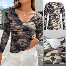 SC Camouflage Print V Neck T Shirt SH-390871