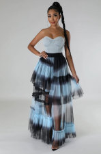 SC Contrast Color High Waist Mesh Long Skirts XHXF-375