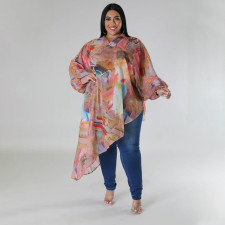 SC Plus Size Sleeve Round Neck Printed Chiffon Top NNWF-7942