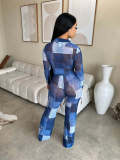 SC Fashion Print Lapel Neck Slim Two Piece Pants Set ZNF-9220