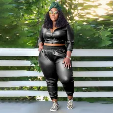 SC Plus Size Casual PU Leather Zipper Slim Two Piece Pants Set NNWF-7959