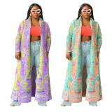 SC Plus Size Pleated Printed Trench Coat Long Jacket NNWF-10634
