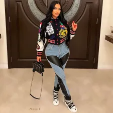 SC Fashion Print Long Sleeve Rib Patchwork Baseball Jacket YNSF-2618