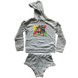 SC Print Long Sleeve Hooded Sweatshirt And Shorts Two Piece Set MDF-5385