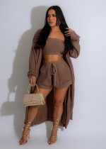 SC Casual Solid Sweater Wrap Chest Jacket Three Piece Short Set YS-869