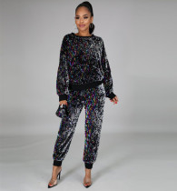 SC Plus Size Casual Sequin Long Sleeve Two Piece Pants Set(With Mask) BDF-7077