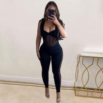 SC Plus Size Solid Color See Through Tight Sleeveless Jumpsuit NY-10633