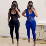 SC Plus Size Solid Color See Through Tight Sleeveless Jumpsuit NY-10633