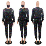 SC Plus Size Casual Sequin Long Sleeve Two Piece Pants Set(With Mask) BDF-7077