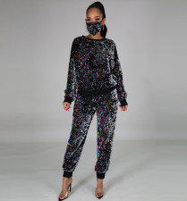 SC Plus Size Casual Sequin Long Sleeve Two Piece Pants Set(With Mask) BDF-7077