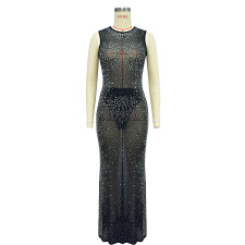 SC Mesh Solid Color Hot Drill Sleeveless Maxi Dress BY-6663