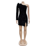 SC Fashion Single Shoulder Sequin Split Mini Dress BY-6719