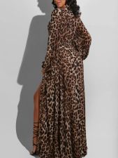 SC Leopard Print Split V Neck Maxi Dress HNIF-188