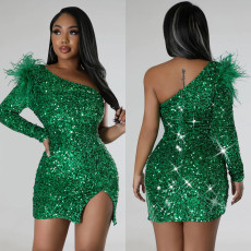 SC Fashion Single Shoulder Sequin Split Mini Dress BY-6719