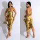 SC Sexy Slash Shoulder Sling Pleated Midi Dress BY-6738