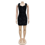 SC Solid Color Feather Sequin Sling Mini Dress BY-6711
