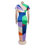 SC Fashion V Neck Print Split Pleated Maxi Dress BY-6660