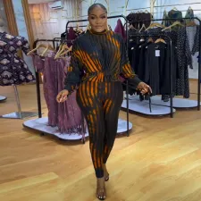 SC Printed Stripe Drawstring Skinny 2 Piece Pants Suit NY-2869