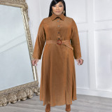 SC Fashion Denim Lapel Long Sleeve Long Dress(With Waist Belt) GDAM-218321