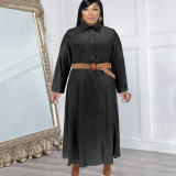 SC Fashion Denim Lapel Long Sleeve Long Dress(With Waist Belt) GDAM-218321