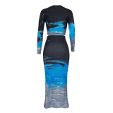 SC Fashion Print Long Sleeve Tops And Long Skirt 2 Piece Set FENF-289