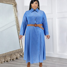 SC Fashion Denim Lapel Long Sleeve Long Dress(With Waist Belt) GDAM-218321
