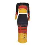 SC Fashion Print Long Sleeve Tops And Long Skirt 2 Piece Set FENF-289