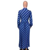 SC V Neck Stripe Print Pleated Maxi Dress NK-8632