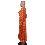 SC V Neck Stripe Print Pleated Maxi Dress NK-8632
