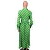 SC V Neck Stripe Print Pleated Maxi Dress NK-8632