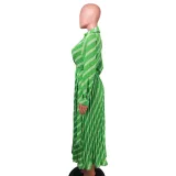 SC V Neck Stripe Print Pleated Maxi Dress NK-8632