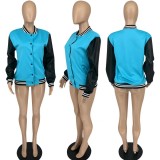 SC Fashion Color Block Leather Sleeve Baseball Jacket WMEF-20036