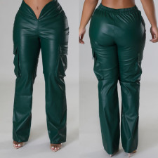 SC Fashion Deep V Solid Color PU Leather Pant MEM-88529