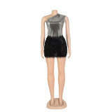 SC Sexy Slash Shoulder Solid Bodysuit And Mini Skirt 2 Piece Set AIL-AL238