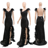 SC Sexy Feather Halter High Split Sequin Backless Dress CYA-900214