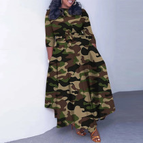 SC Plus Size Camouflage Printed Tie Up Big Swing Maxi Dress NY-10646