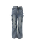 SC Loose Multi-Pocket Holes Straight Jeans MTY-6803