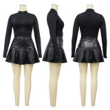SC Solid Long Sleeve Zipper Bodysuits PU Skirt Two Piece Set YF-10651