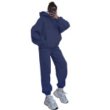 SC Solid Long Sleeve Hooded Sweatshirt Pants Two Piece Set SSNF-211401