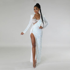 SC Sexy Sling Bodysuit And High Split Sequin Dress 2 Piece Set CYA-900855