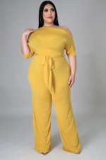 SC Plus Size Solid Color Slash Shoulder Tie Up Jumpsuit OSM2-5282