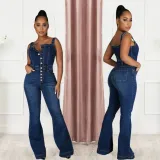 SC Plus Size Single Breasted Denim Wide Leg Strap Jumpsuit LX-6048