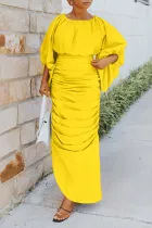 SC Solid Color Lantern Sleeve Irregular Ruched Dress BGN-304