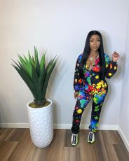 SC Colorful Print Long Sleeve Zipper Hooded Two Piece Pants Set YIM-035