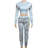 SC Casual Print Hooded Tops And Pants Sport Two Piece Set XEF-36913
