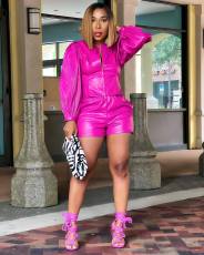 SC Press Pleat Long Sleeve PU Leather Two Piece Short Set MK-3190