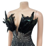 SC Solid Color Mesh Hot Rhinestone Feather Dress BY-6669