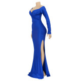SC Solid Color V Neck Split Maxi Dress AIL-AL143