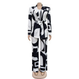 SC Printed Tie Up Blazer Long Sleeve Pants Two Piece Set BY-6707